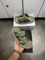 Alexander McQueen Leather Double Buckle SandalsSlide Olive Premium